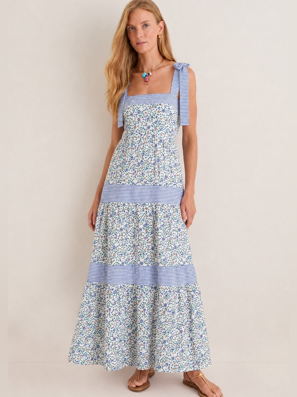 Tuckernuck Ro’s Garden Vail Maxi Dress in Blue Stripe Floral Coastal Cottage
